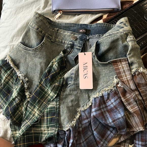 PLAID PATCHWORK DENIM SKIRT - Picture 4 of 4